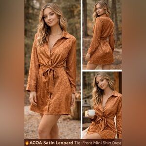 ACOA Satin Leopard Tie-Front Mini Shirt Dress - Rust Size Small